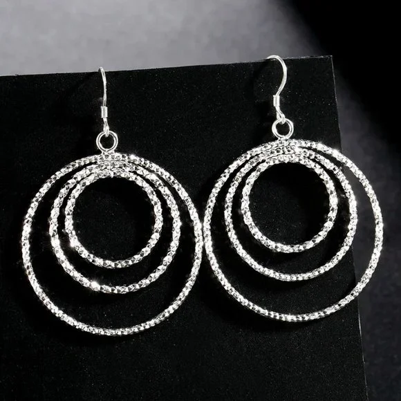 Gorgeous 3 Circles Hanging Earrings, Solid Sterling Silver "Hypoallergenic" - Picture 3 of 9